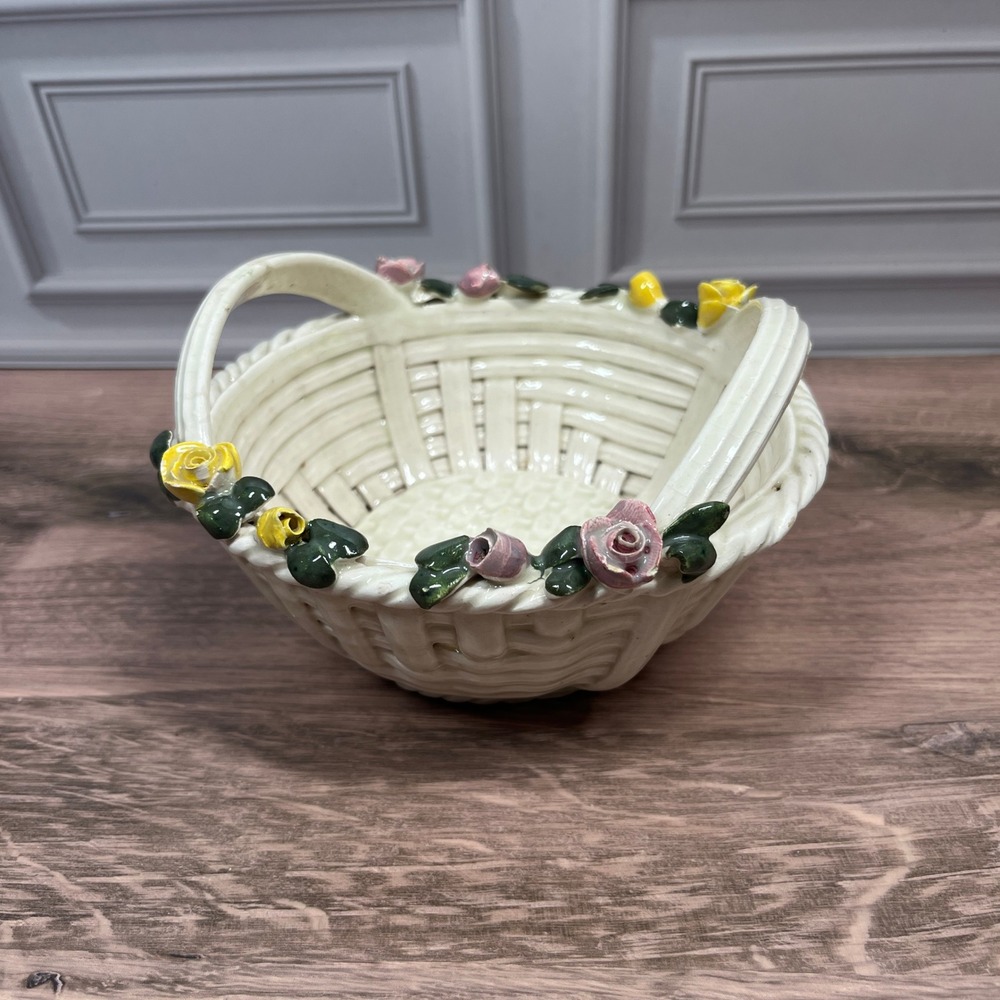 Vintage Ceramic Lattice Basket Yellow Pink Roses Handle Italian Decorative Dish